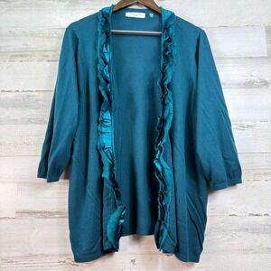 Tahari Woman Teal Blue Ruffle Trim Open Front Cardigan 3/4 Sleeve Plus Size 3X